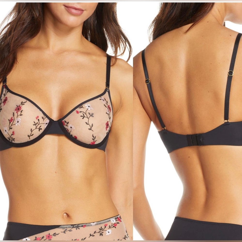 Natori Sheer Black Floral Jasmine T-Shirt Bra Size 34D